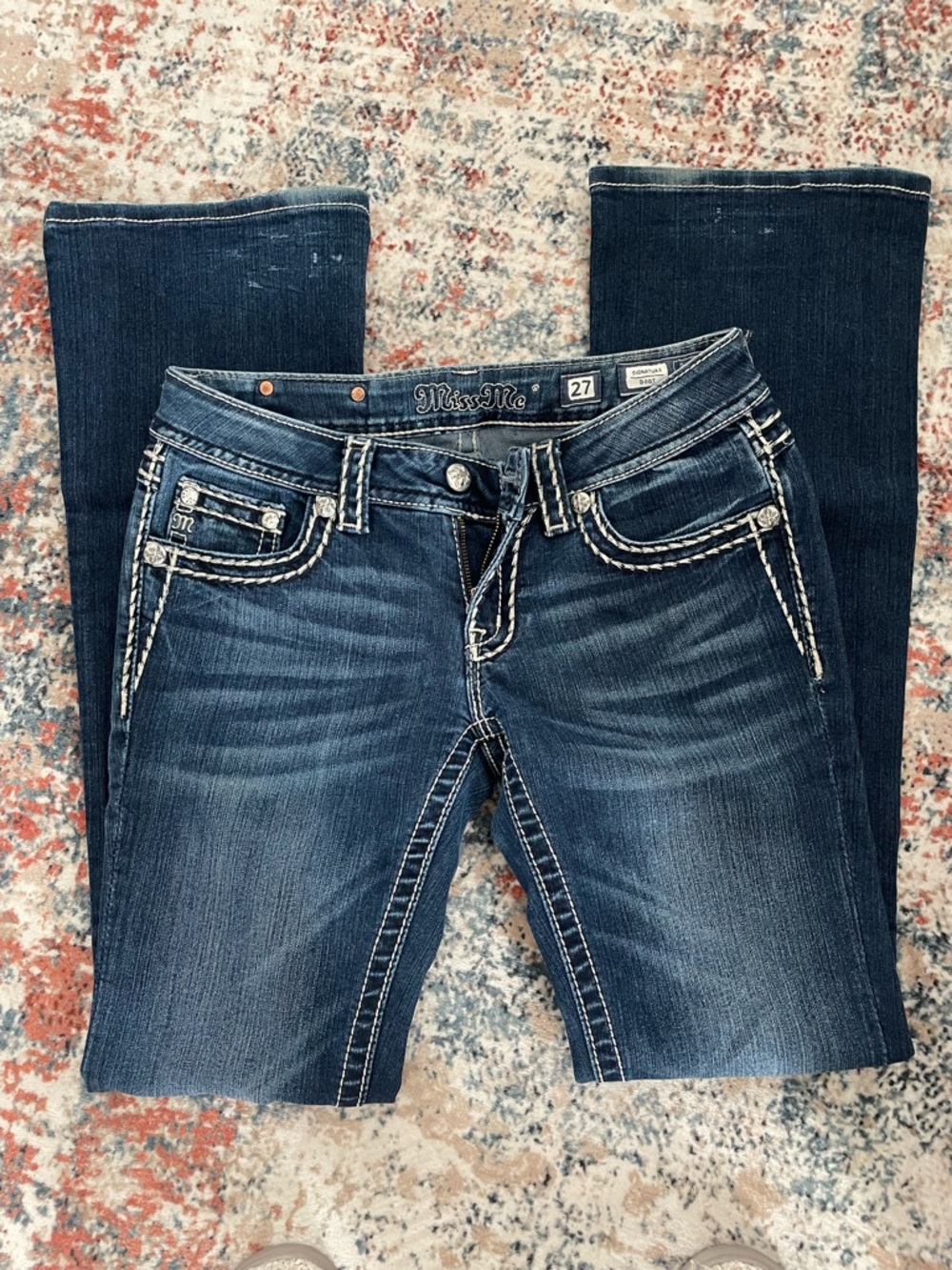 Miss Me Dark Blue Bootcut Jeans with White Contrast Stitching - Picture 3 of 8
